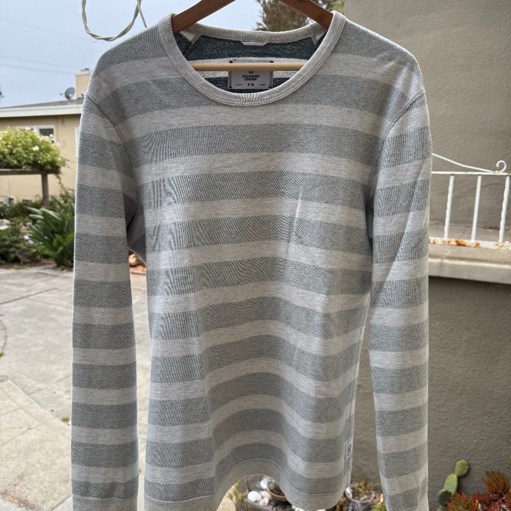 Muted green stripe reversible knit crewneck sweatshirt